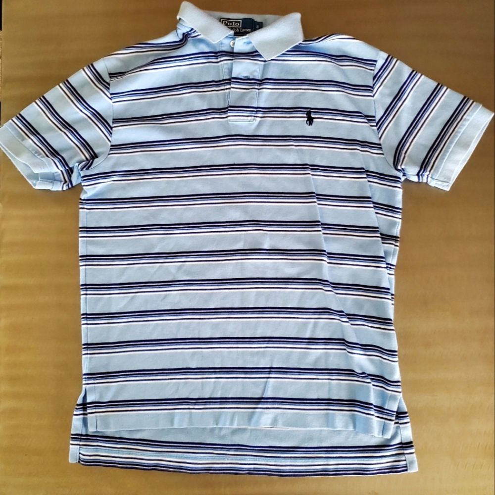 Ralph Lauren Blue White Polo Shirt Stripe Preppy Embroidered Pony Small